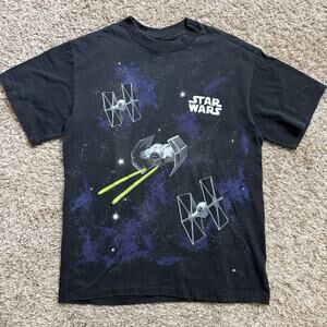 Vintage 90’s Star Wars All Over Print Movie Graphic T-Shirt Men Size L Black AOP